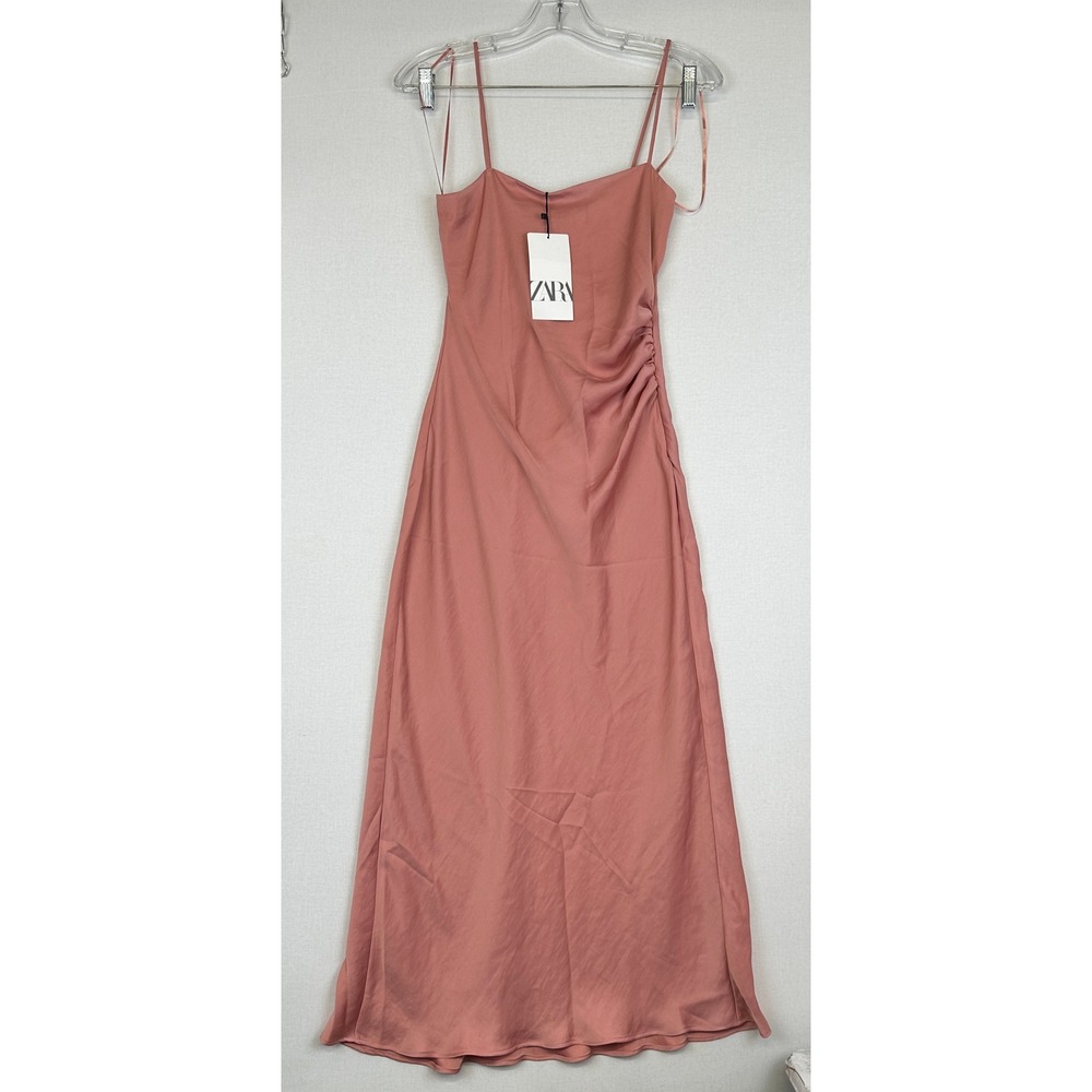 ZARA Ruched Midi Dress Dusty Pink Salmon Strap Women's‎ XS